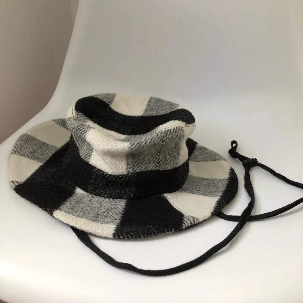 CLYDE Wool Check Hat - Black White Plaid Wide Brim + Chin Strap - Picture 1 of 5